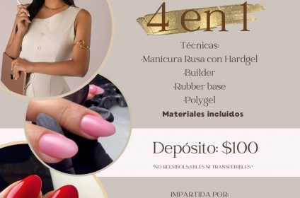 Cartel del taller privado 1:1 de manicura rusa 4 en 1 por Shakira Dairen en Canóvanas, Puerto Rico, enseñando técnicas de Hardgel, Builder, Rubber base y Polygel.